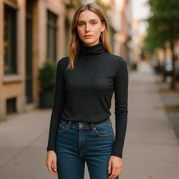 H&M Black Glitter Long-Sleeve Turtleneck Top Womens S Basic elegant Black Blouse - Picture 1 of 8